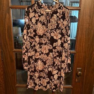 LOFT Black and Pink Patterned Long Sleeve Dress‎